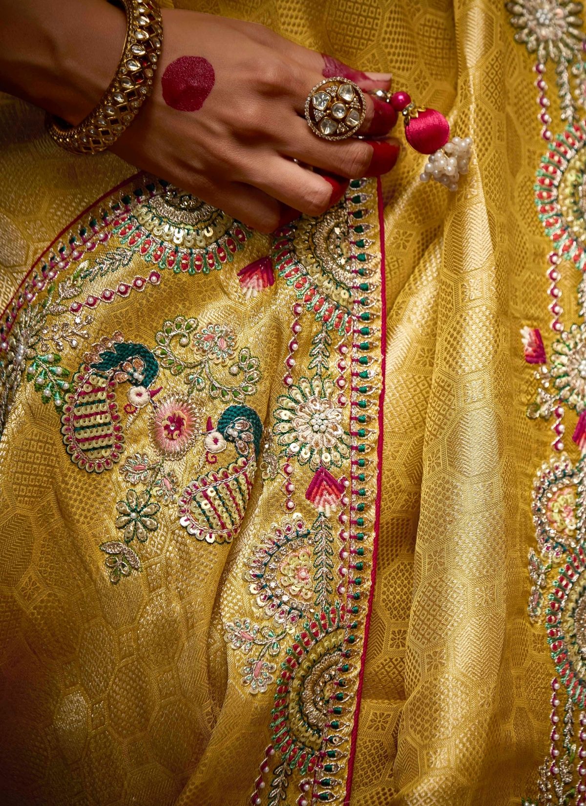 Cyber Yellow Luxury Banarasi Kanjivaram Saree with Embroidery - TrendOye