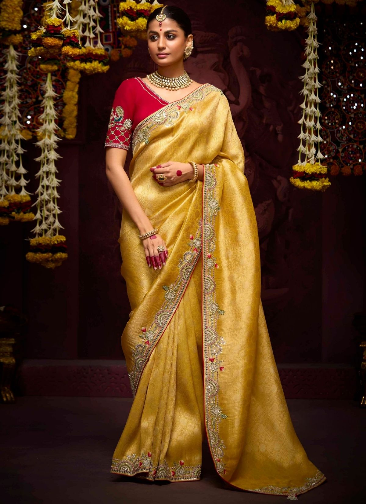 Cyber Yellow Luxury Banarasi Kanjivaram Saree with Embroidery - TrendOye