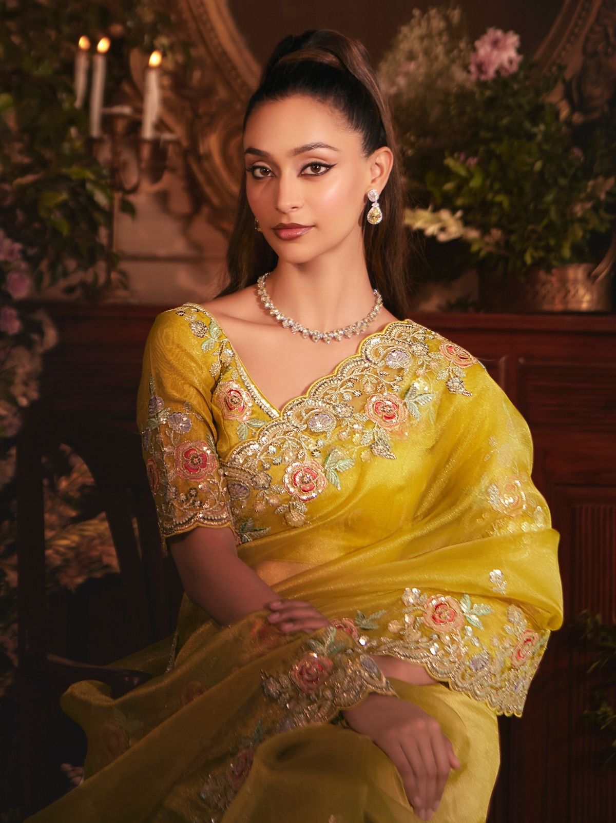 Golden Yellow Luxury Tissue Organza Party Wear Saree