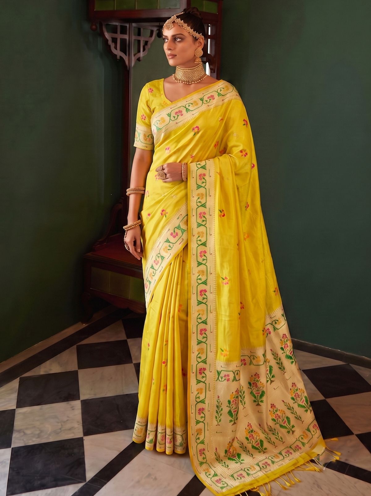 Lemon Yellow Opulent Tissue Silk Saree with Soft Gold Zari Work
