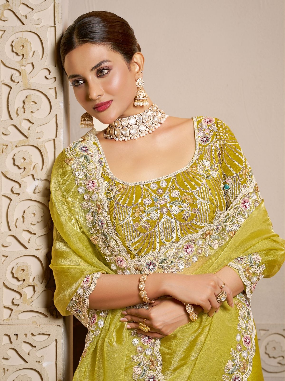 Pineapple Yellow Organza Satin Wedding Saree With Blouse Piece