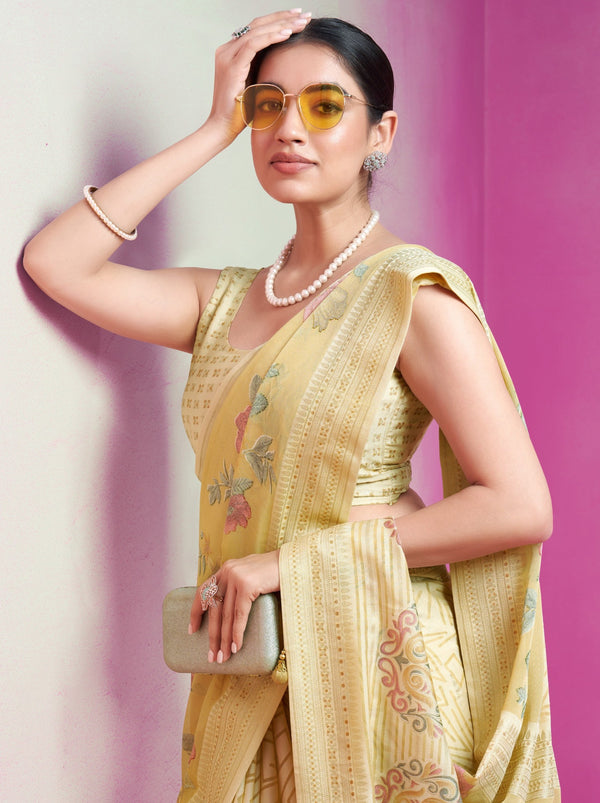 Lemon Yellow Premium Georgette Weightless Celebration Saree