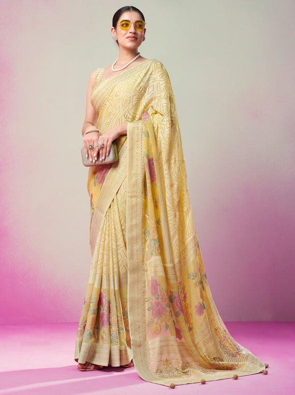 Lemon Yellow Premium Georgette Weightless Celebration Saree