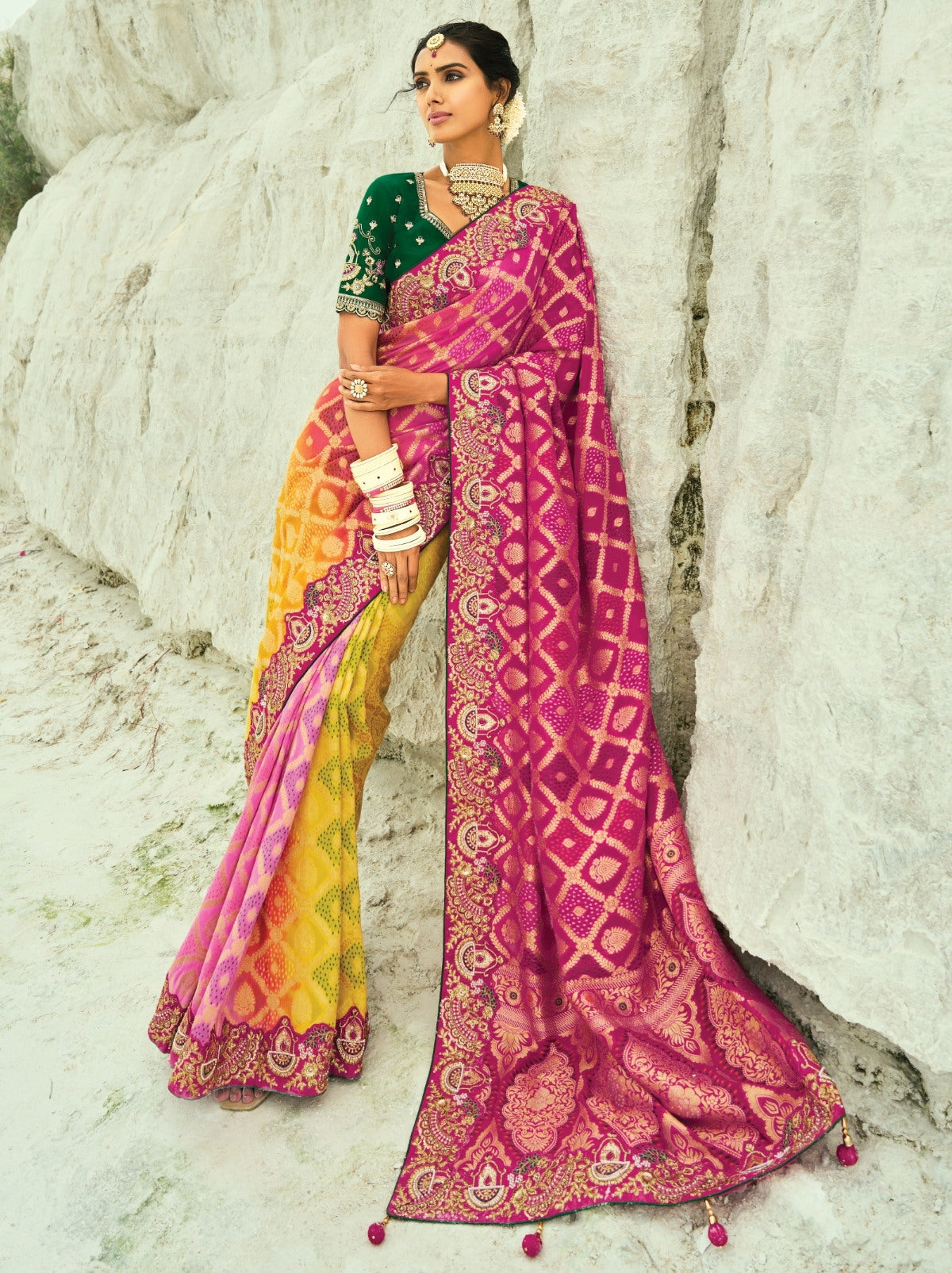 Yellow-Pink Exclusive Georgette Wedding Saree With Bandhej Work
