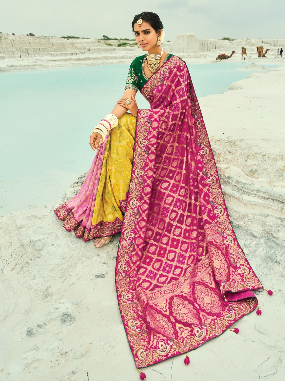 Yellow-Pink Exclusive Georgette Wedding Saree With Bandhej Work