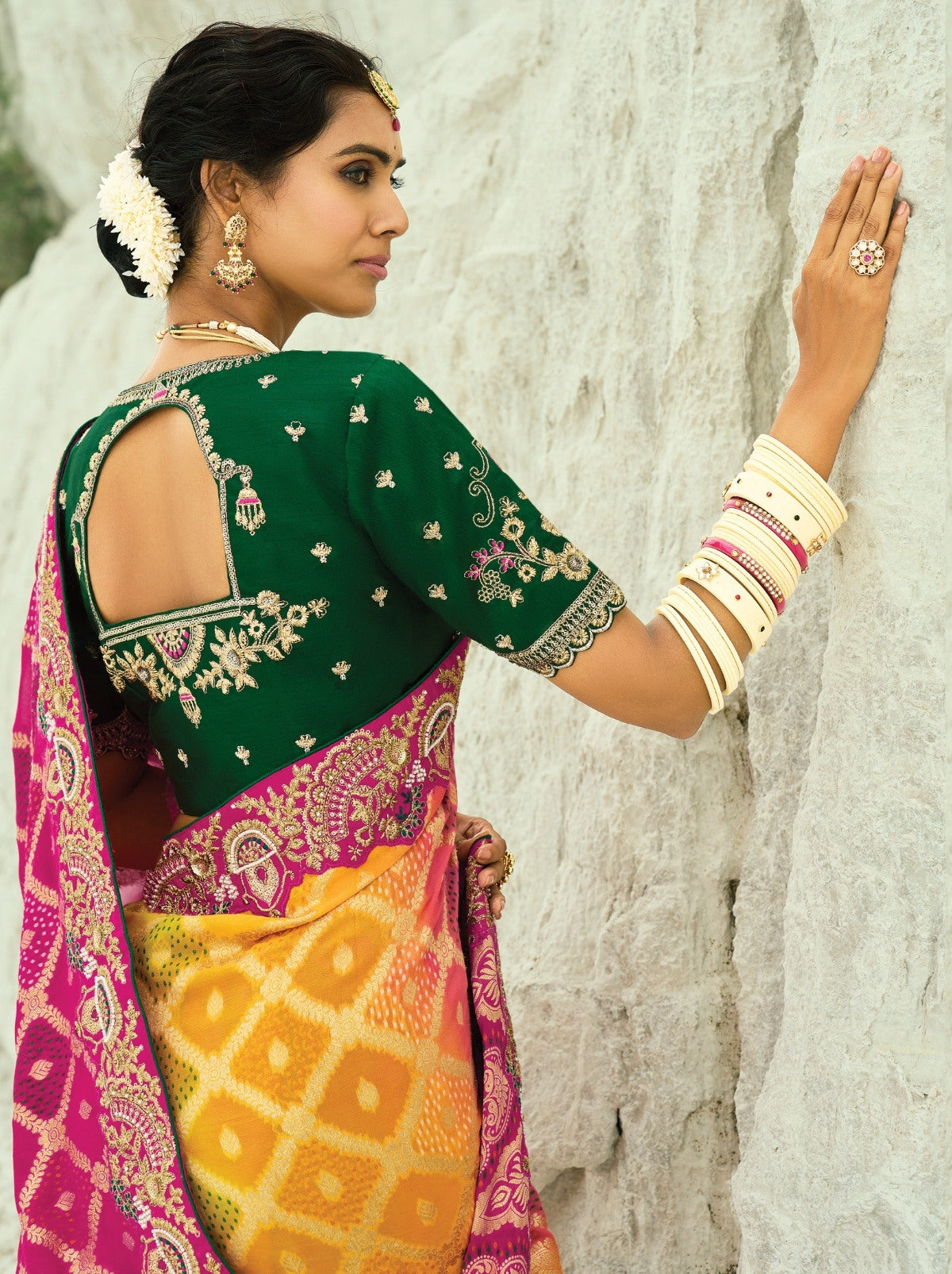 Yellow-Pink Exclusive Georgette Wedding Saree With Bandhej Work
