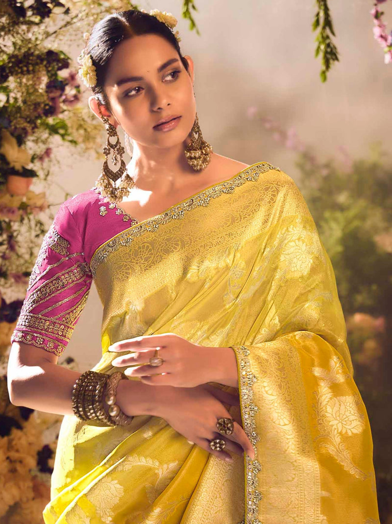 Pineapple Yellow Wedding And Celebration Saree