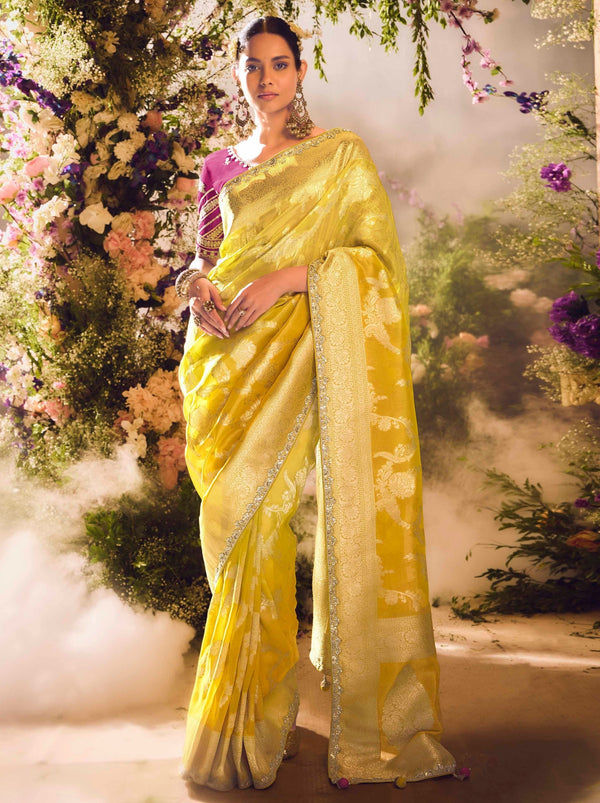 Pineapple Yellow Wedding And Celebration Saree