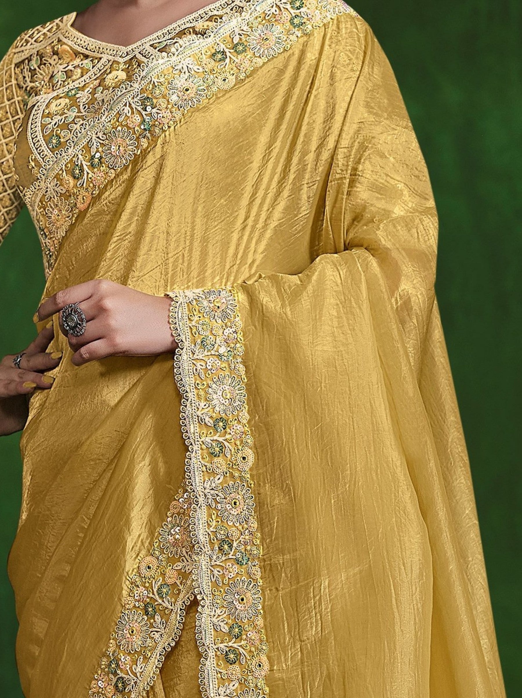 Mustard Yellow Celebration Saree - TrendOye