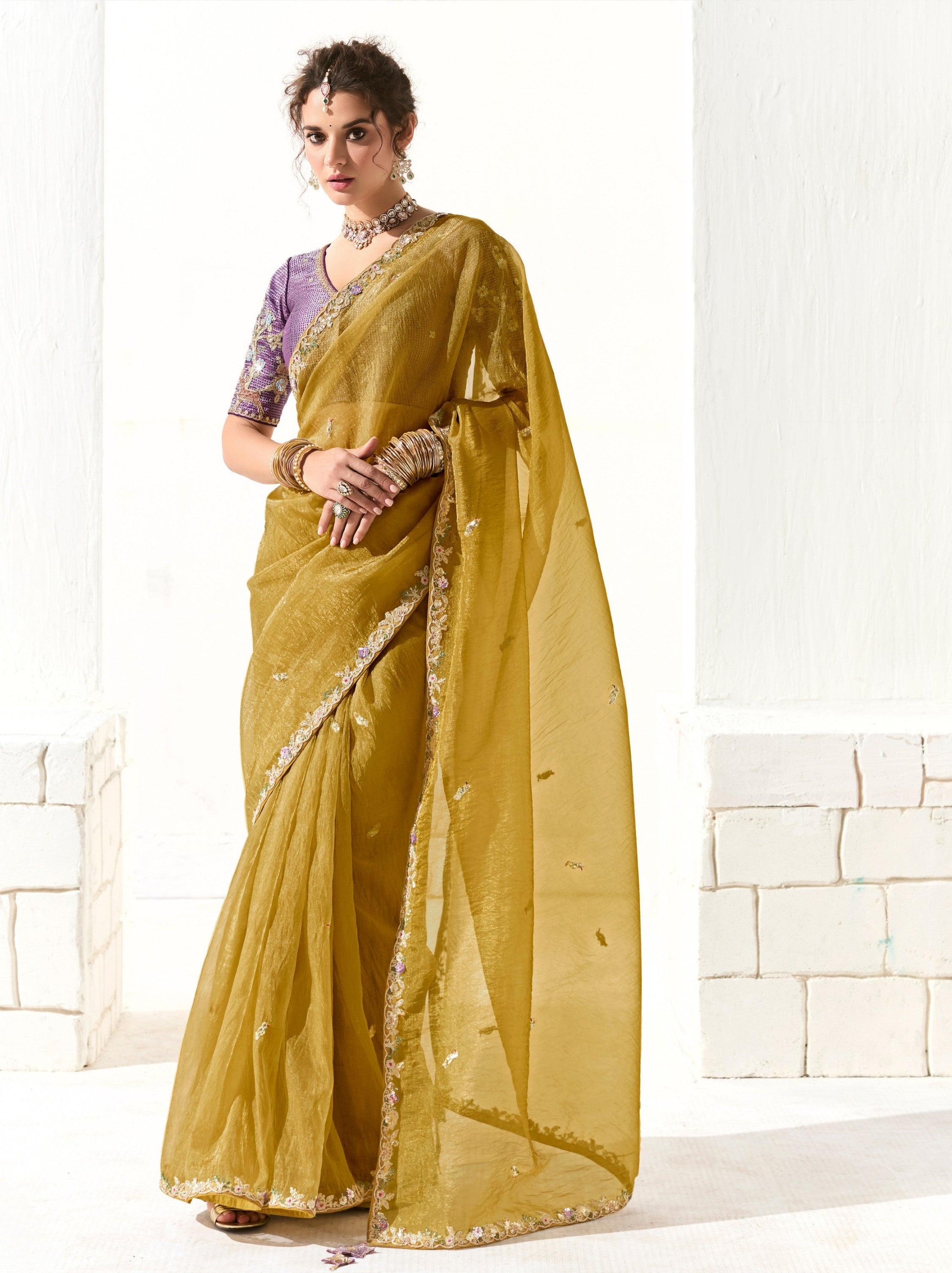 Royal Yellow Organza Premium Ethnic Designer Saree With Blouse Piece