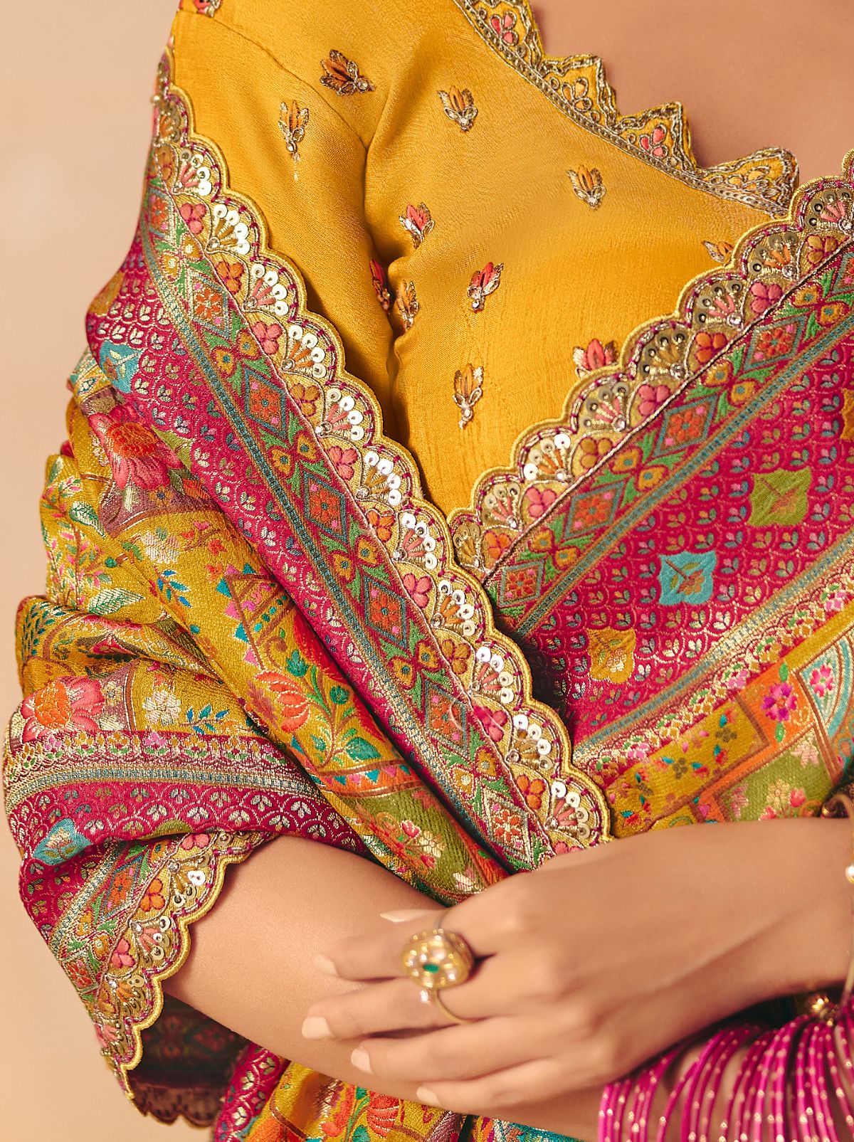 Mustard Yellow Premium Dola Silk Embroidered Designer Saree
