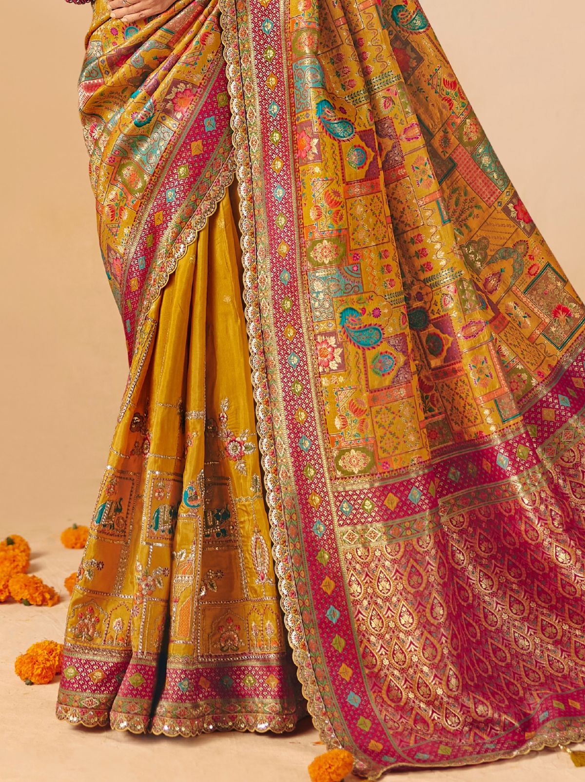Mustard Yellow Premium Dola Silk Embroidered Designer Saree