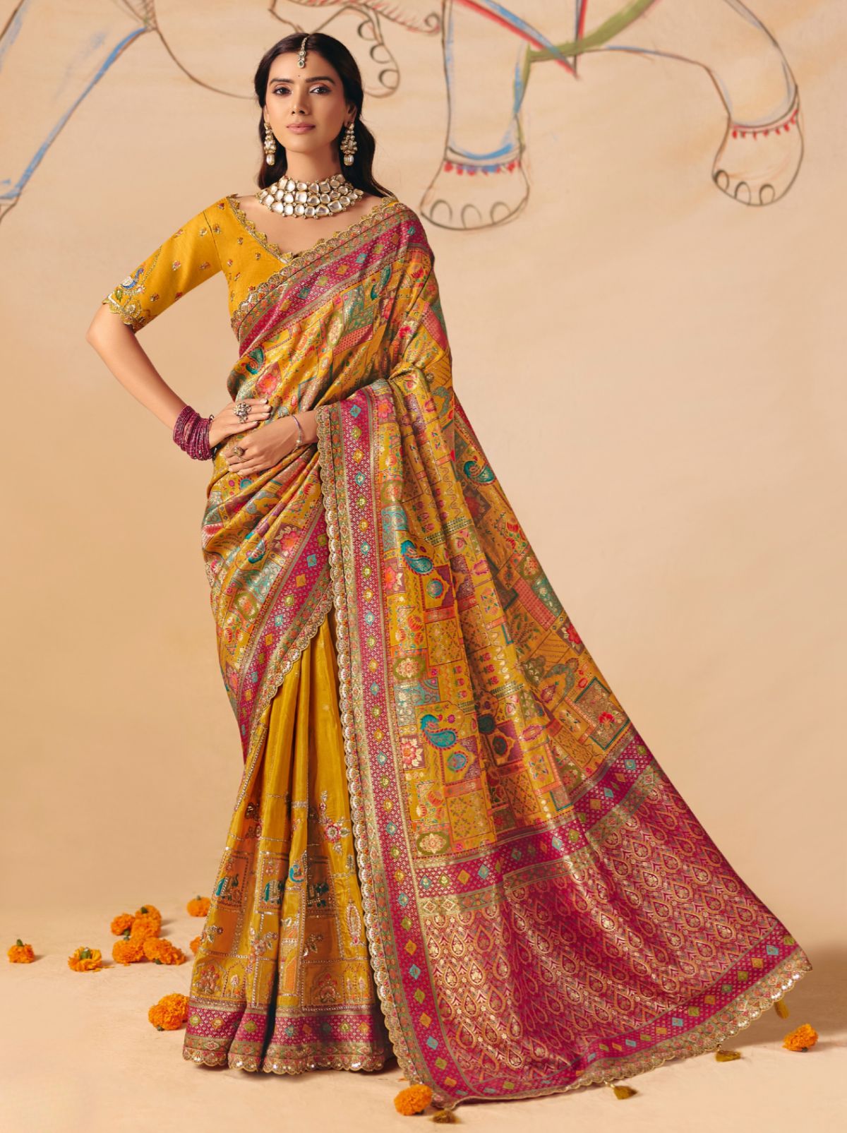 Mustard Yellow Premium Dola Silk Embroidered Designer Saree