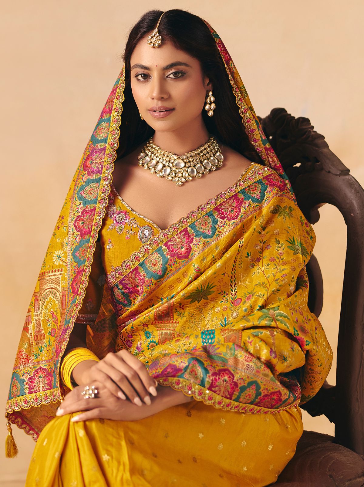 Gold Yellow Premium Dola Silk Embroidered Designer Saree