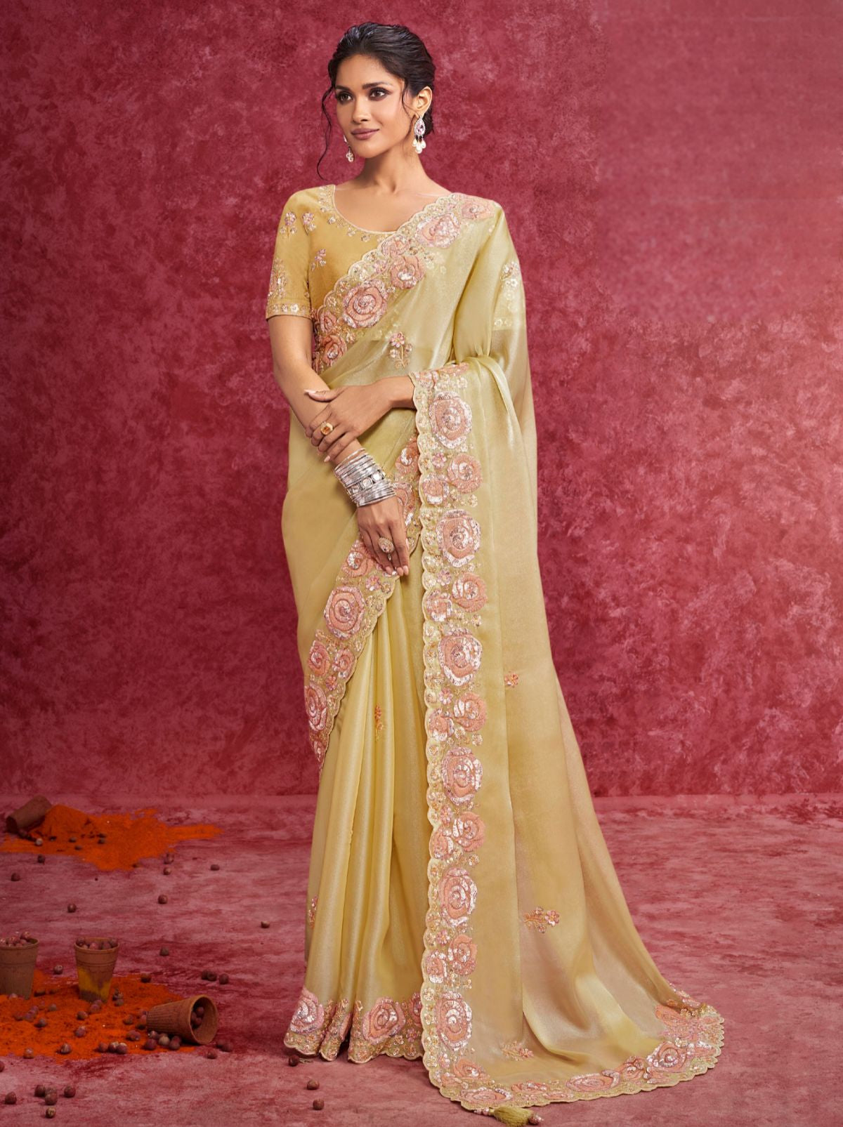 Banana Yellow Designer Fancy Sequin Saree With Tassels