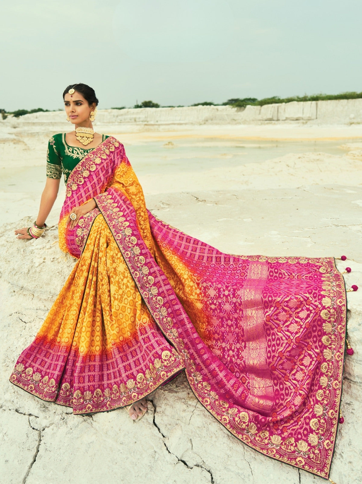 Mustard Yellow Premium Georgette Wedding Saree With Bandhej Work