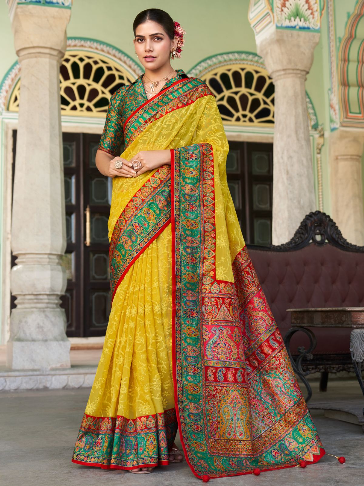 Lemon Yellow Premium Georgette Saree With Lucknowi Chikan Work