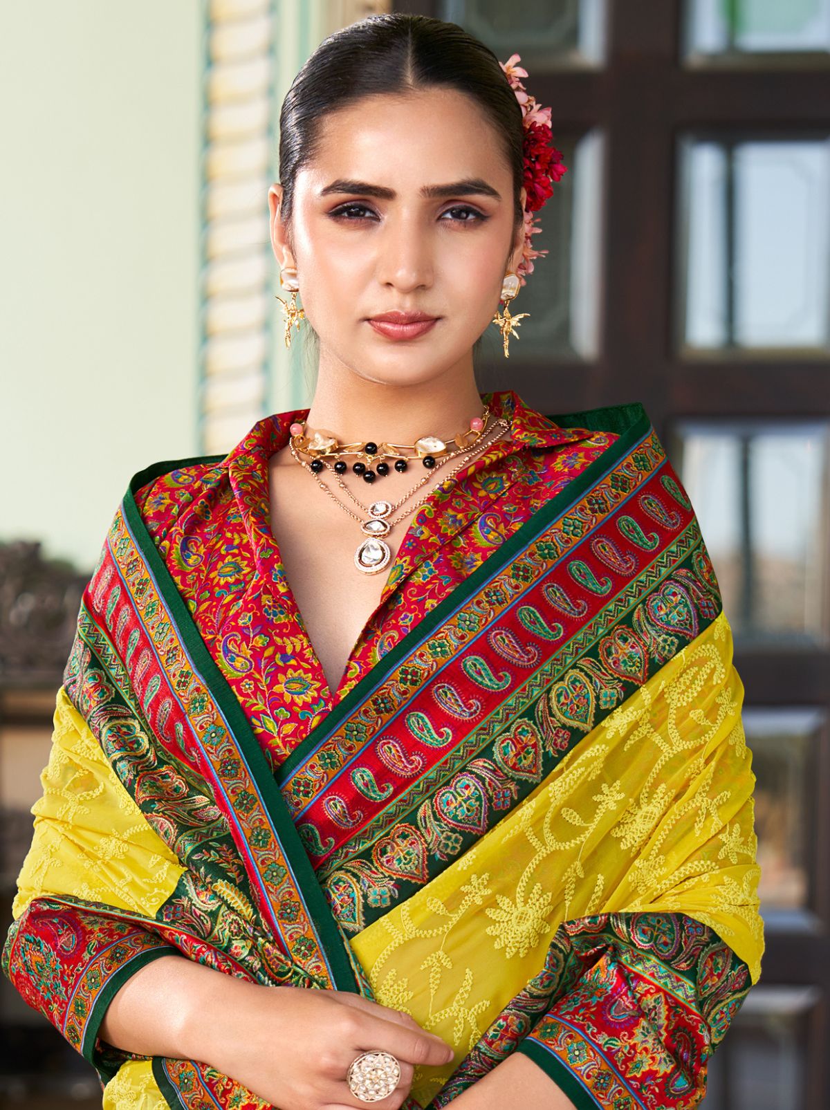 Cadmium Yellow Premium Georgette Saree With Lucknowi Chikan Work
