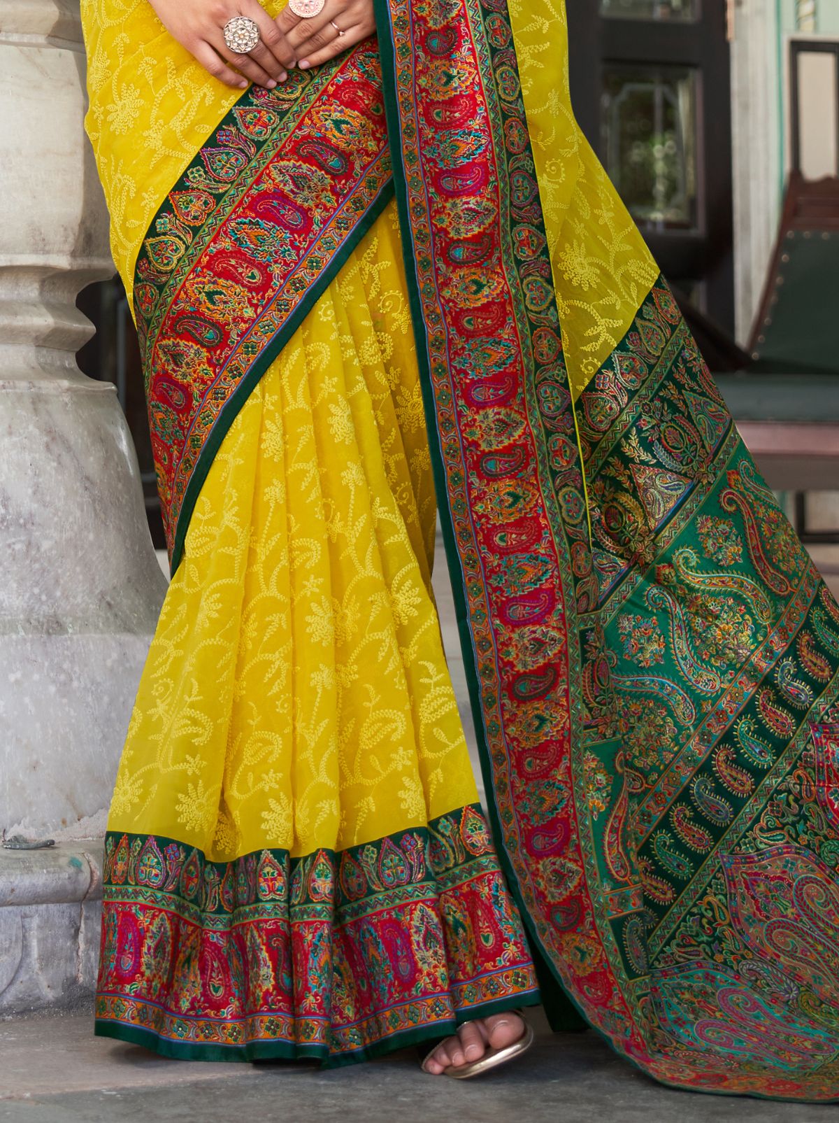 Cadmium Yellow Premium Georgette Saree With Lucknowi Chikan Work