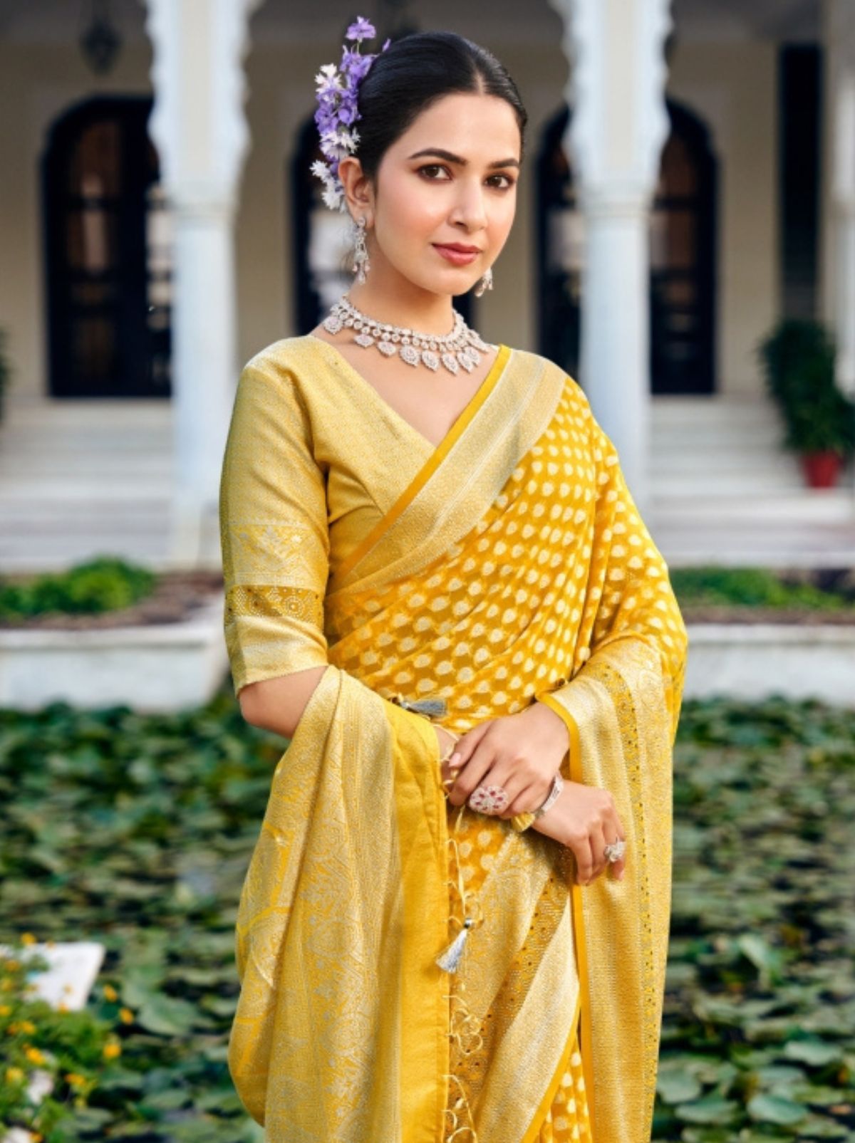 Pineapple Yellow Premium Georgette Saree With Weaved Motifs