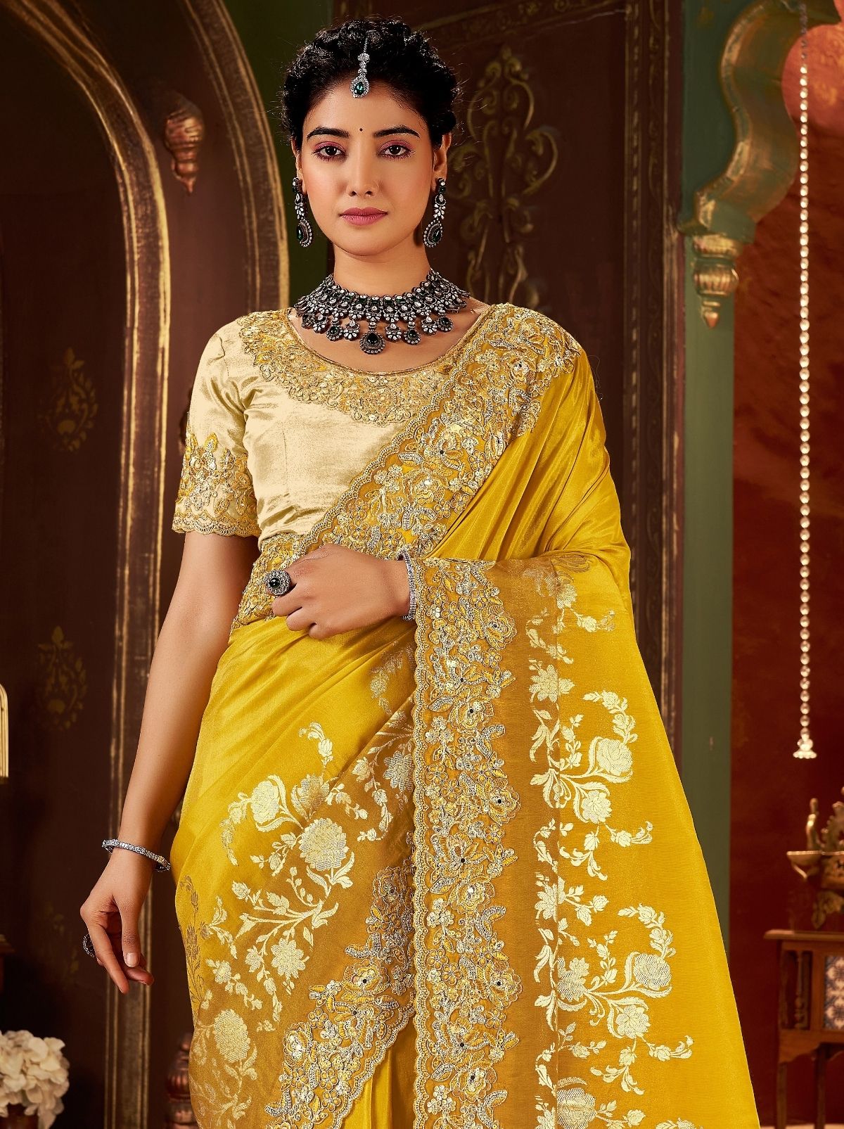 Cyber Yellow Premium Heavy Work Bridal Saree With Rich Border Design