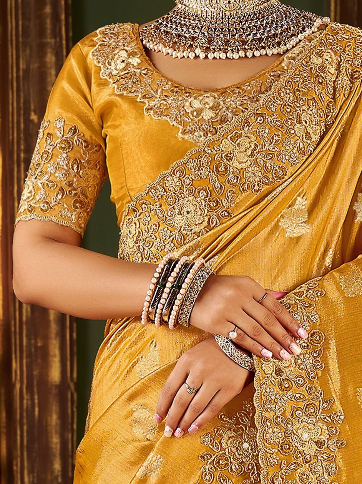Golden Yellow Premium Heavy Work Bridal Saree With Rich Border Design