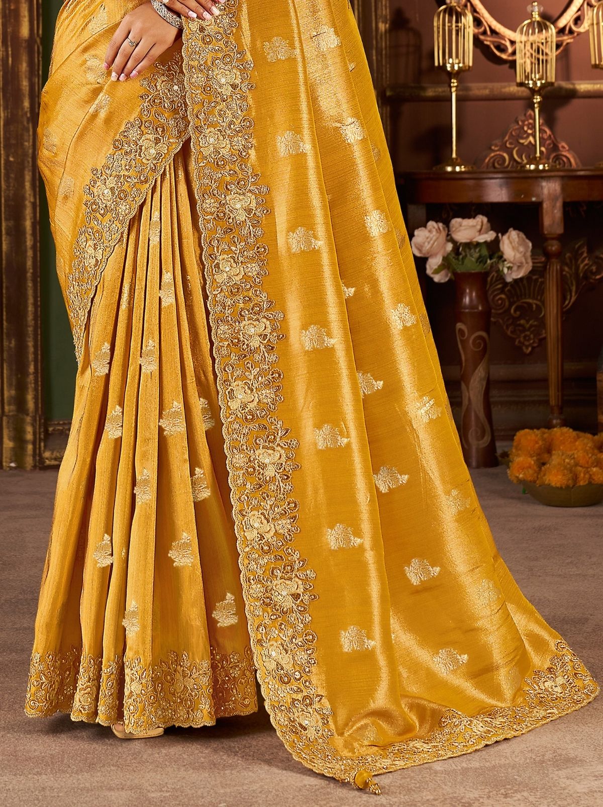 Golden Yellow Premium Heavy Work Bridal Saree With Rich Border Design