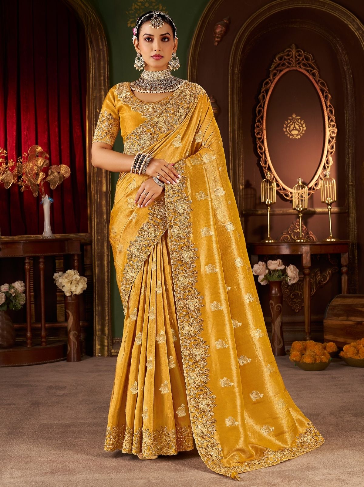 Golden Yellow Premium Heavy Work Bridal Saree With Rich Border Design