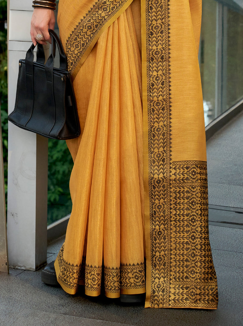 Tuscany Yellow Premium Linen Tissue Celebration Saree