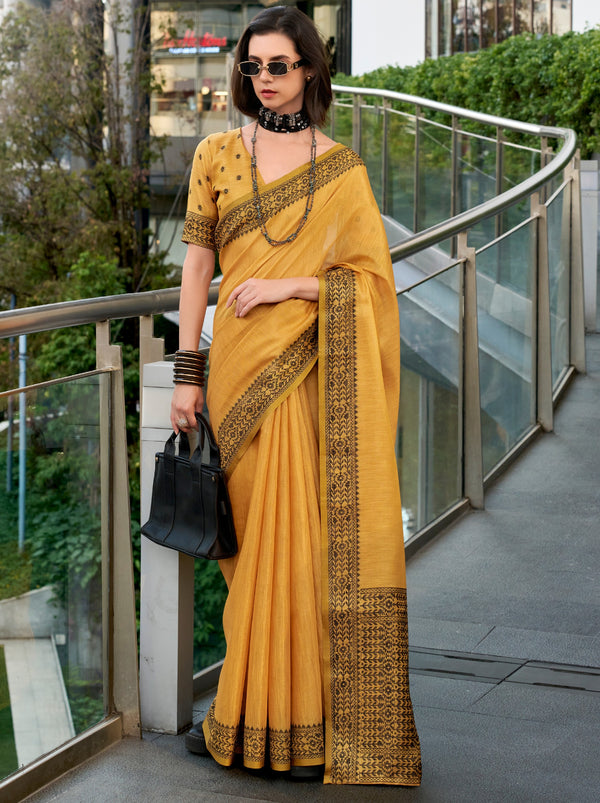 Tuscany Yellow Premium Linen Tissue Celebration Saree