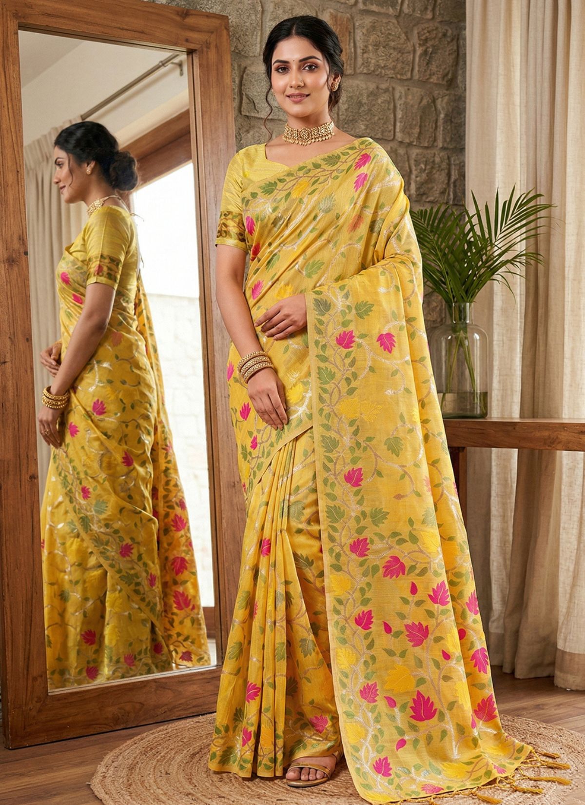 Mustard Yellow Premium Linen Cotton Saree With Floral Pattern - TrendOye