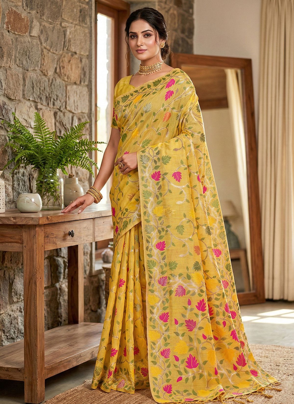 Mustard Yellow Premium Linen Cotton Saree With Floral Pattern - TrendOye