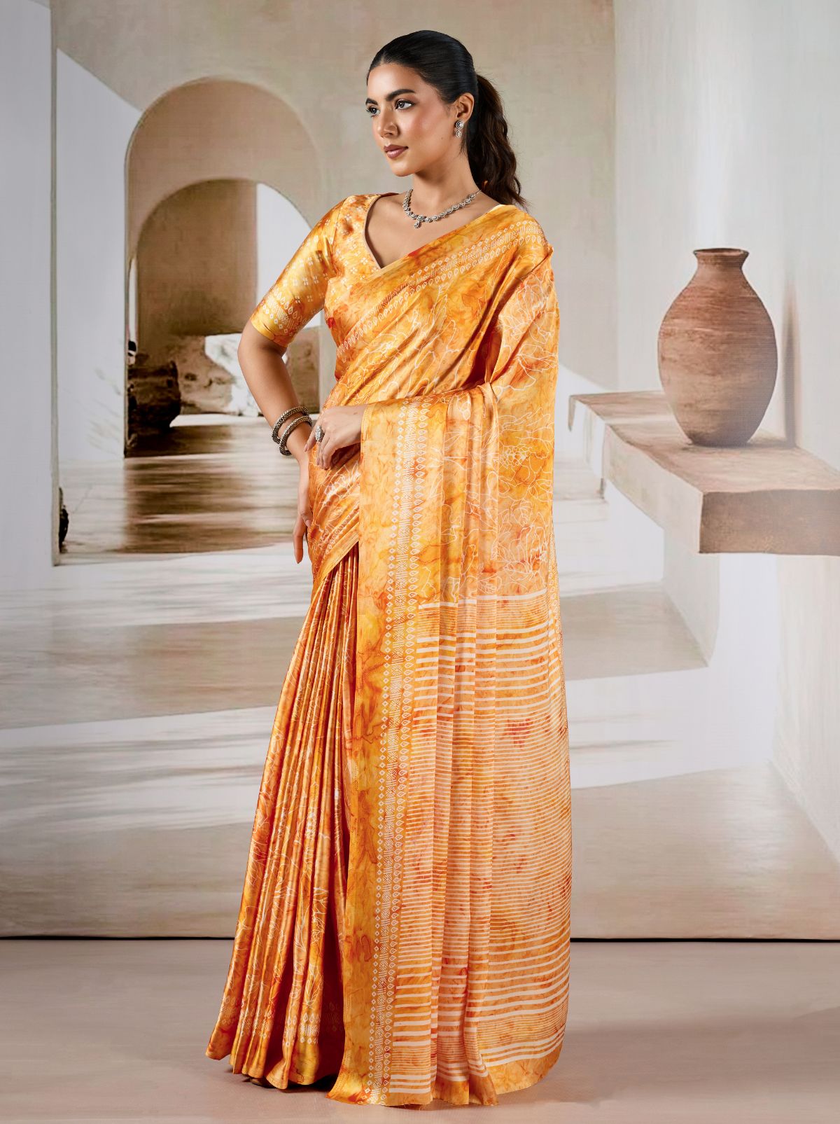 Honey Yellow Premium Modal Satin Silk Saree - TrendOye