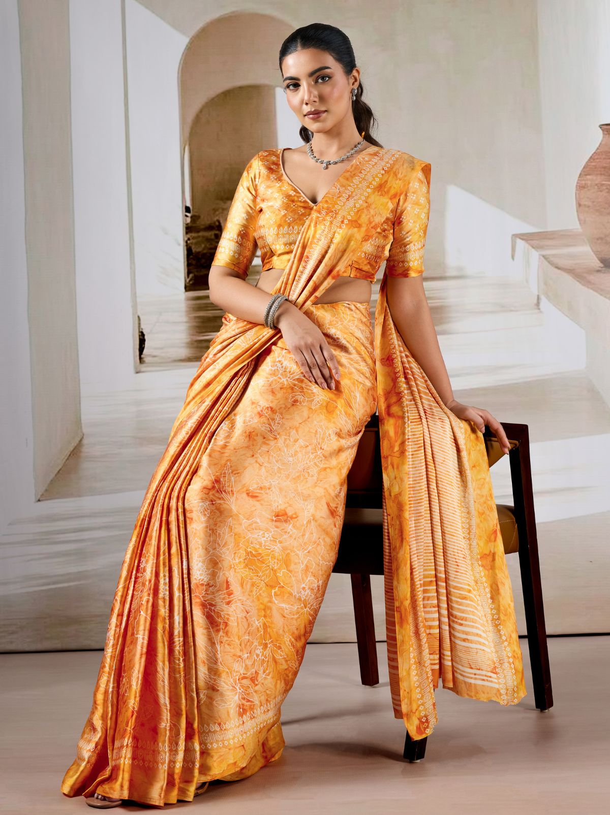 Honey Yellow Premium Modal Satin Silk Saree - TrendOye