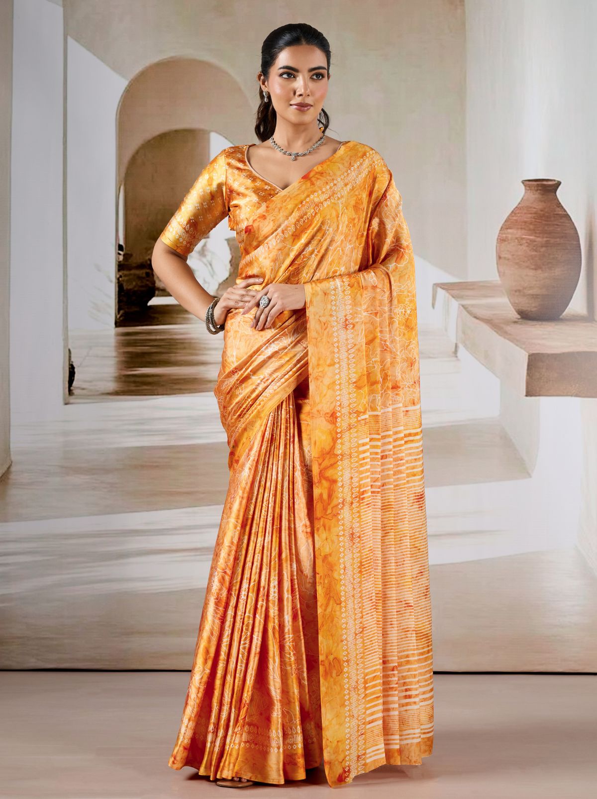 Honey Yellow Premium Modal Satin Silk Saree - TrendOye