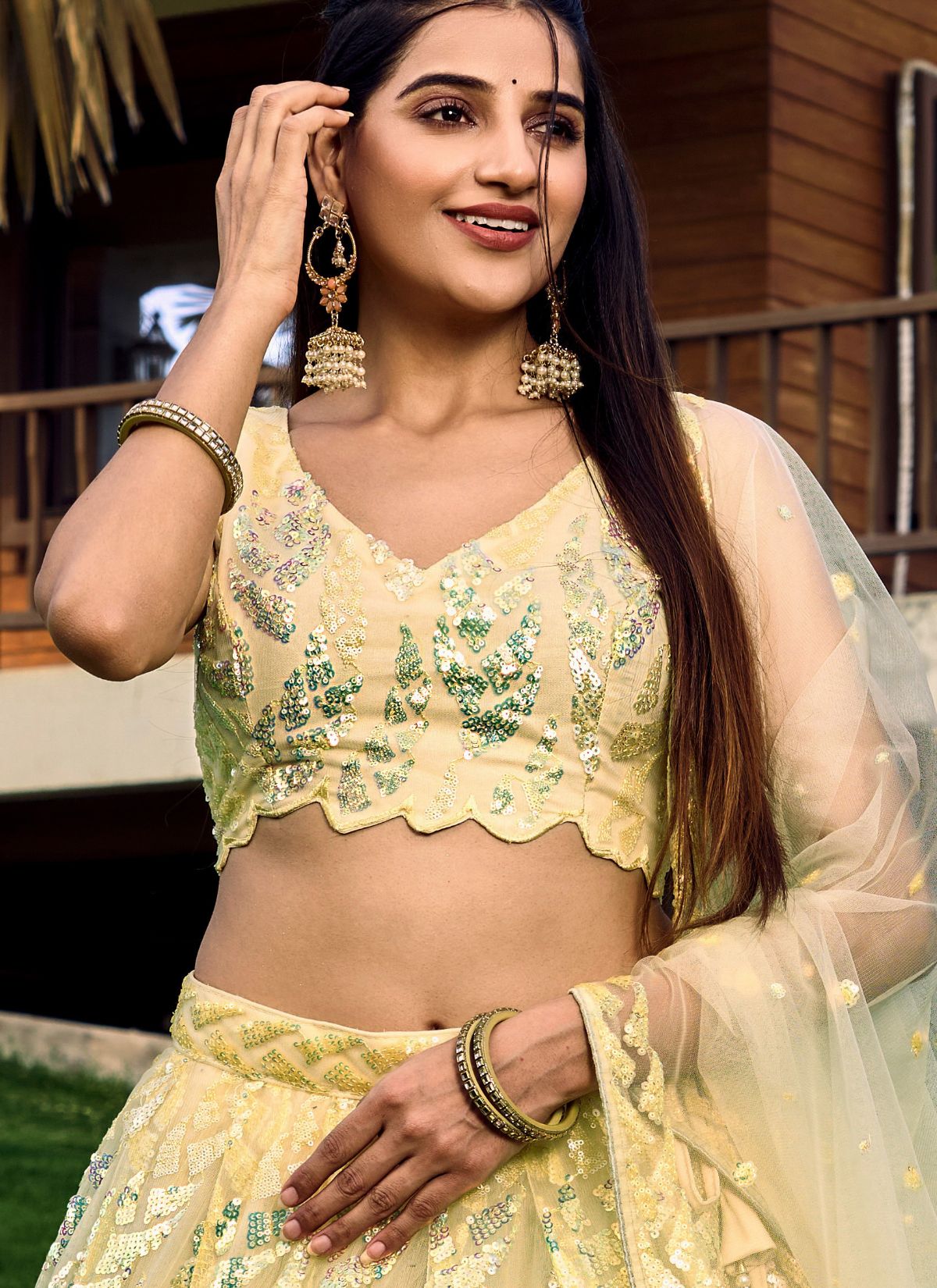 Pastel Yellow Premium Party Lehenga Set With Sequin Work - TrendOye