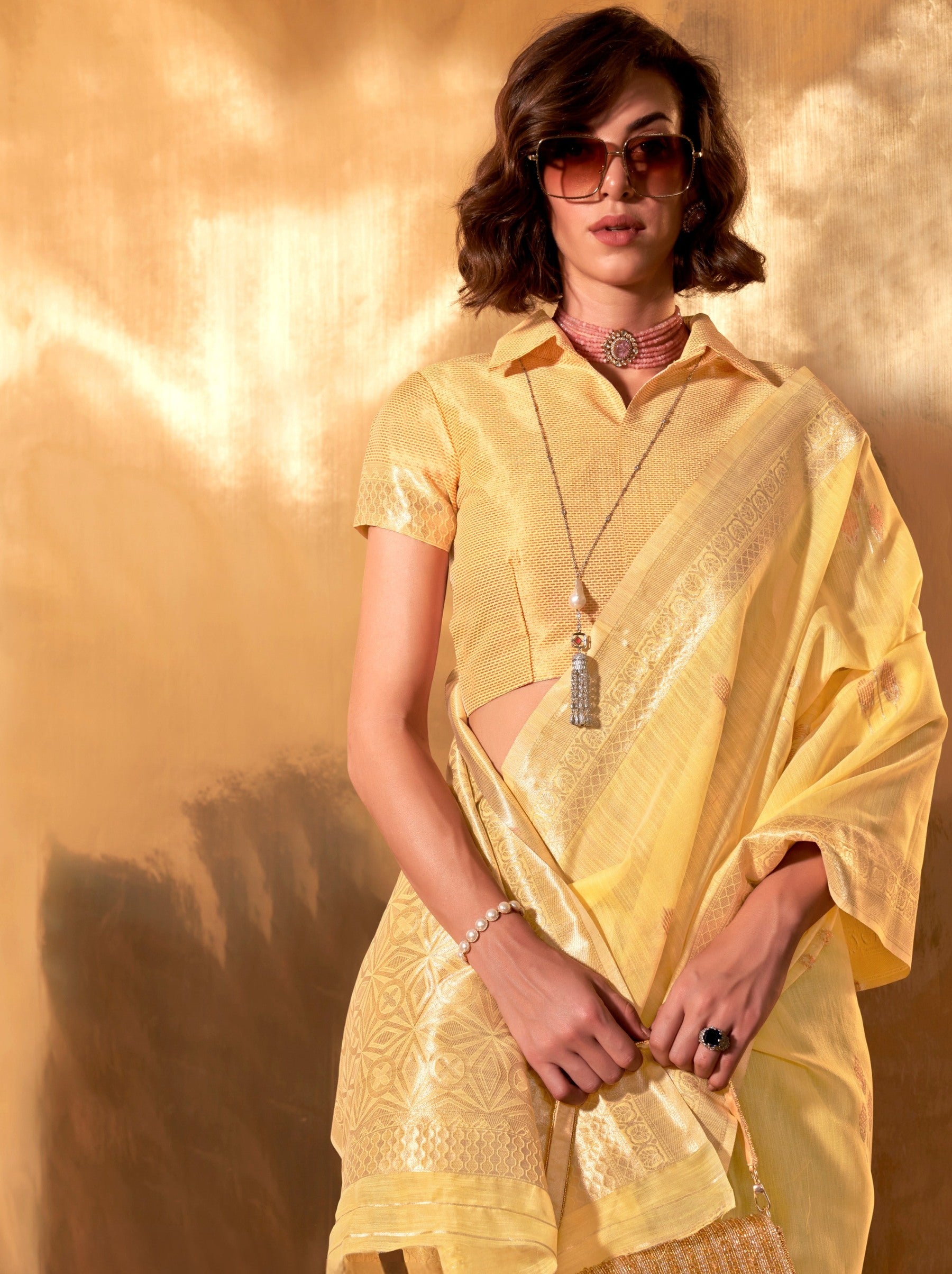Lemon Yellow Designer Linen Silk Saree With Blouse Piece