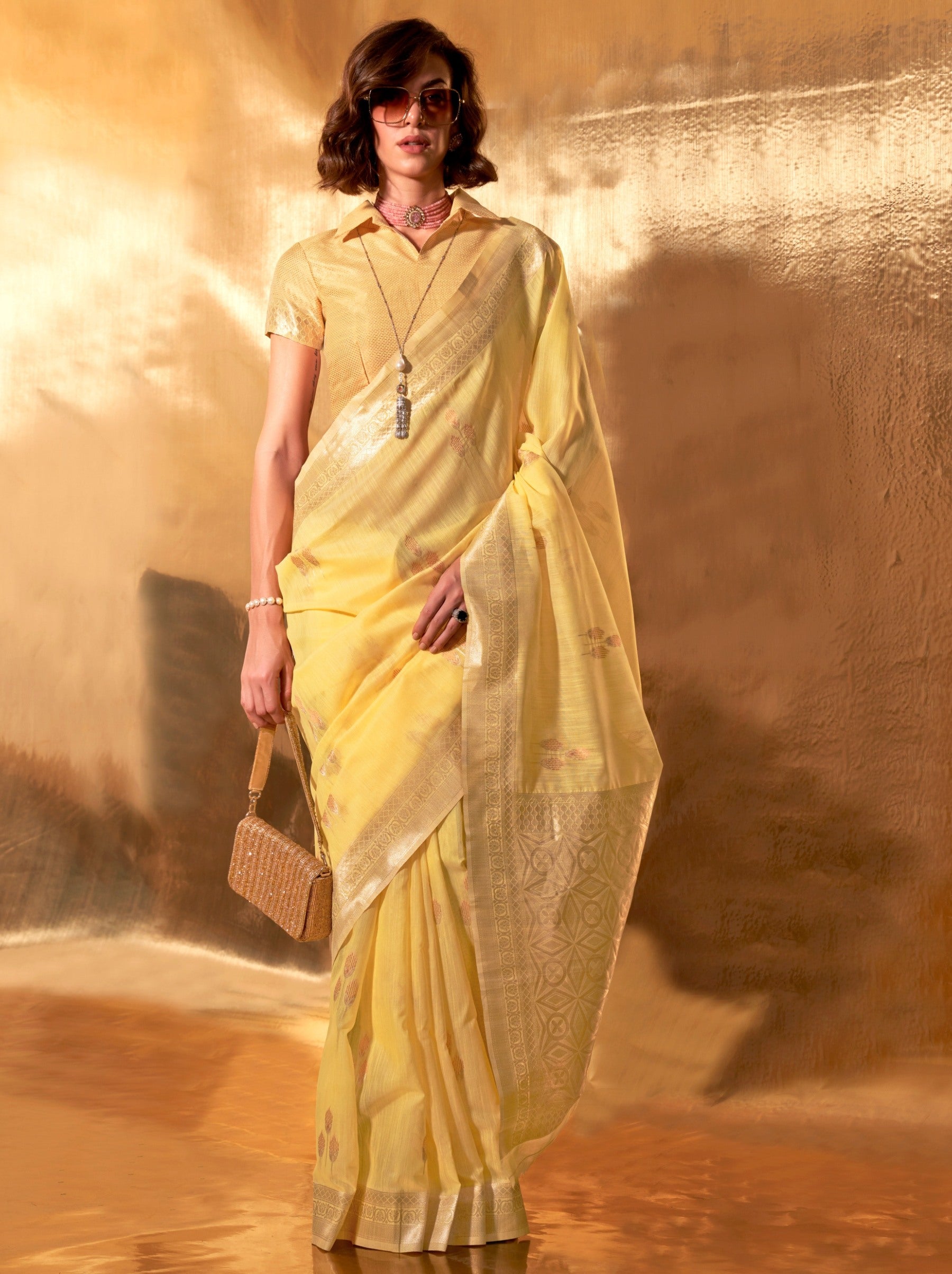 Lemon Yellow Designer Linen Silk Saree With Blouse Piece