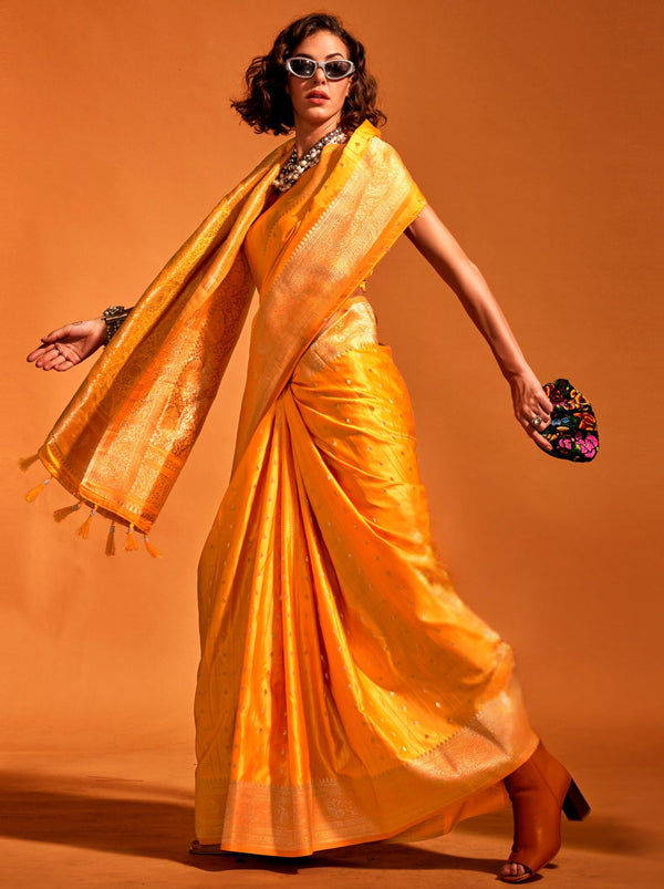 Bright Yellow Traditional Soft Silk Saree With Blouse Piece
