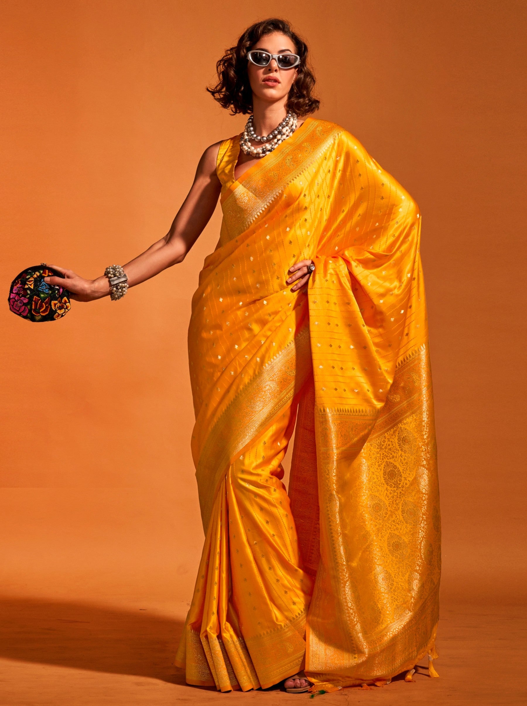 Bright Yellow Traditional Soft Silk Saree With Blouse Piece