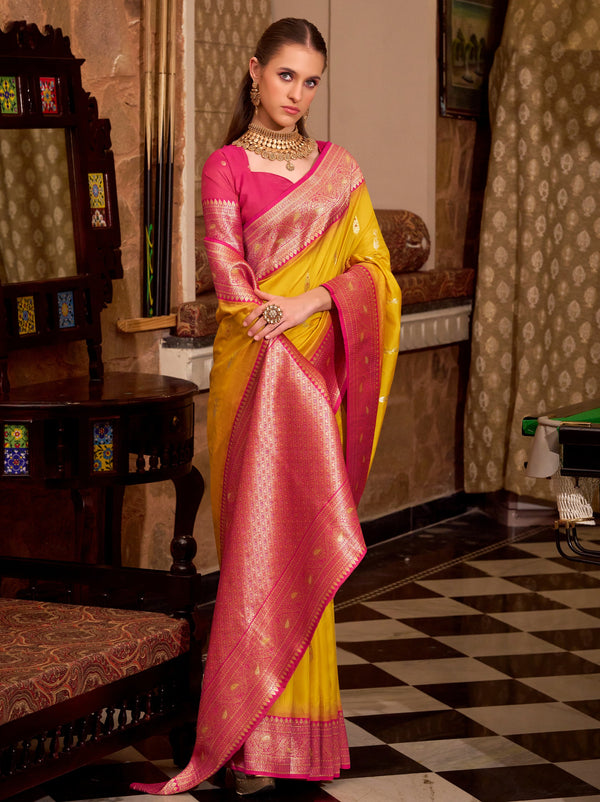 Cyber Yellow Premium Festive Silk Saree With Unstitched Blouse