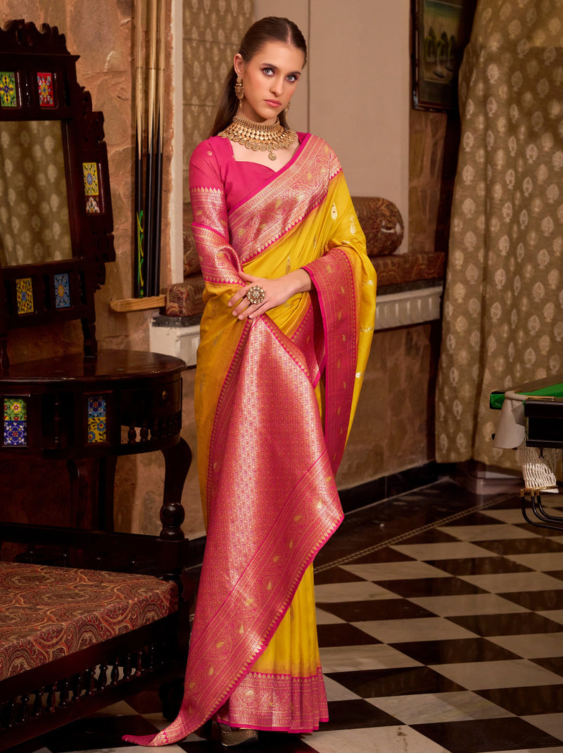 Cyber Yellow Premium Festive Silk Saree With Unstitched Blouse