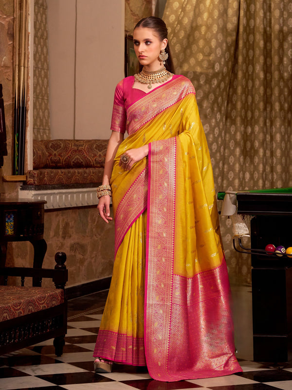 Cyber Yellow Premium Festive Silk Saree With Unstitched Blouse