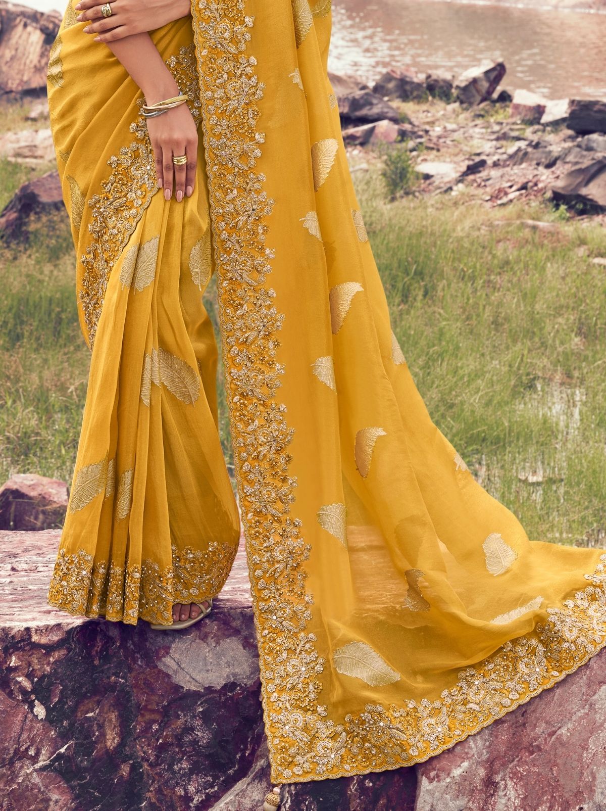 Mustard Yellow Premium Tissue Silk Saree With Blouse Piece