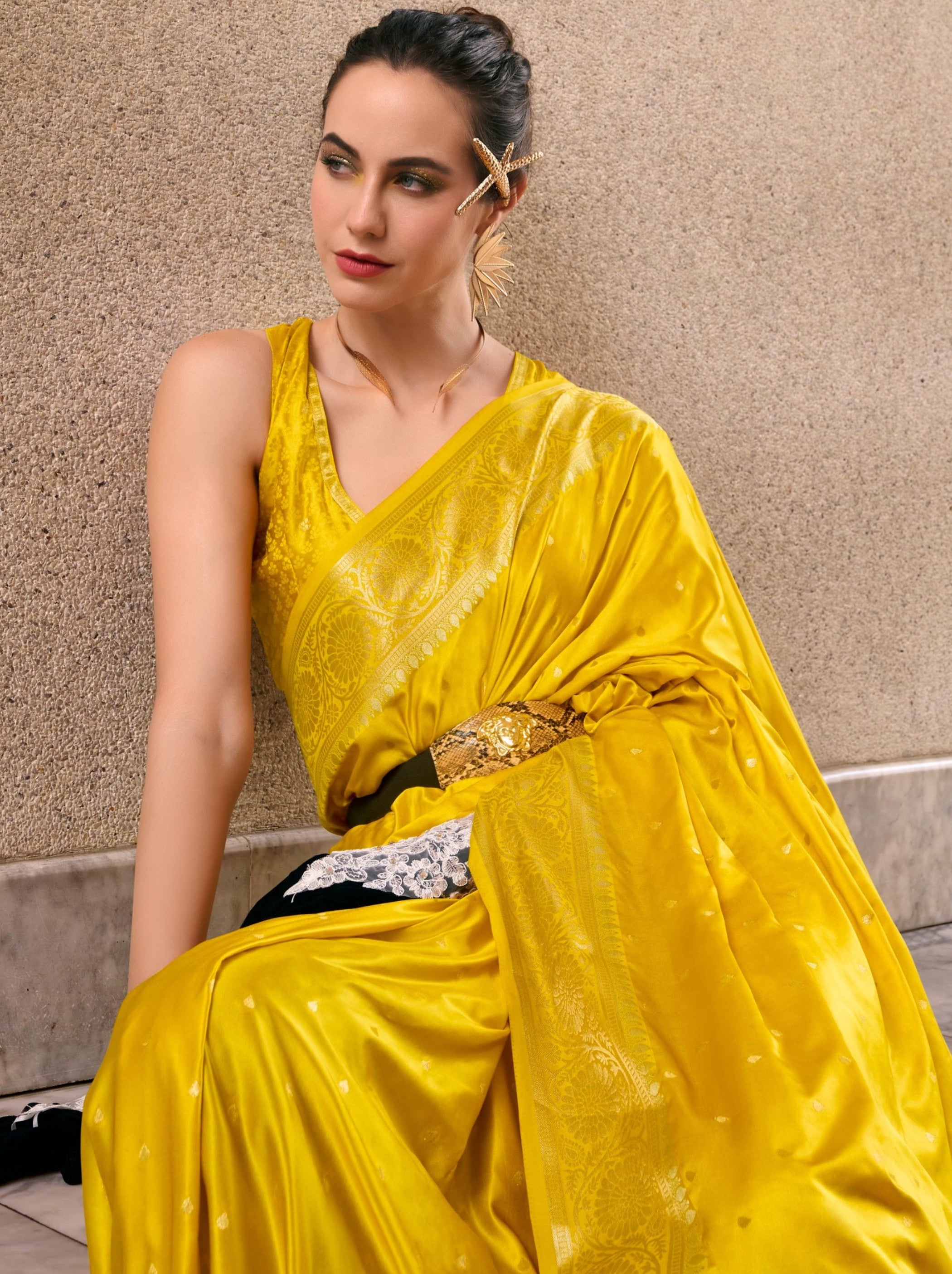 Bumblebee Yellow Designer Wedding Saree - TrendOye