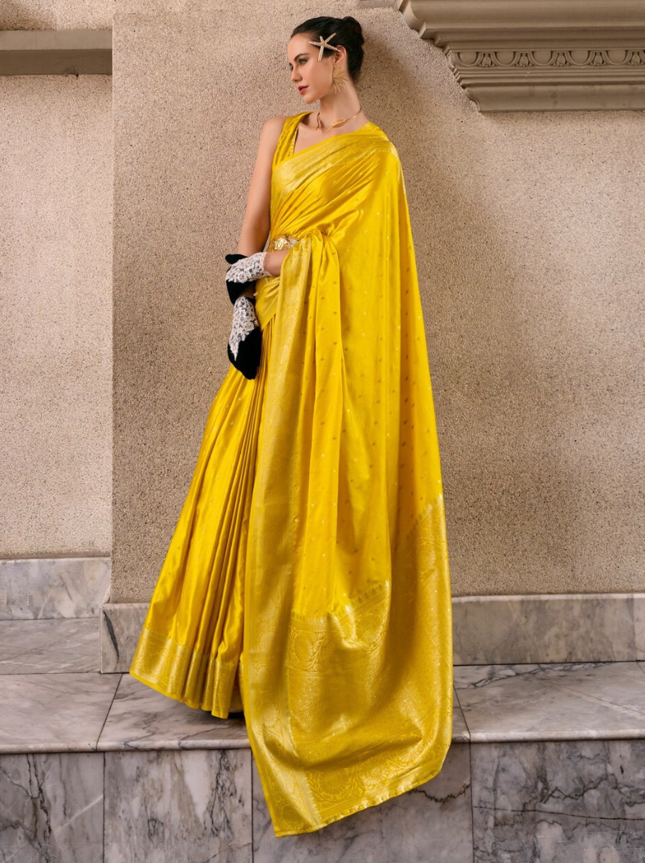 Bumblebee Yellow Designer Wedding Saree - TrendOye