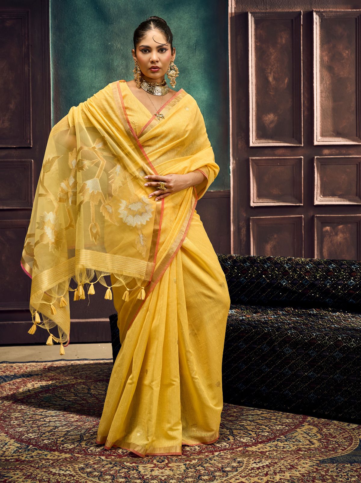 Tuscany Yellow Pure Munga Silk Traditional Handloom Saree