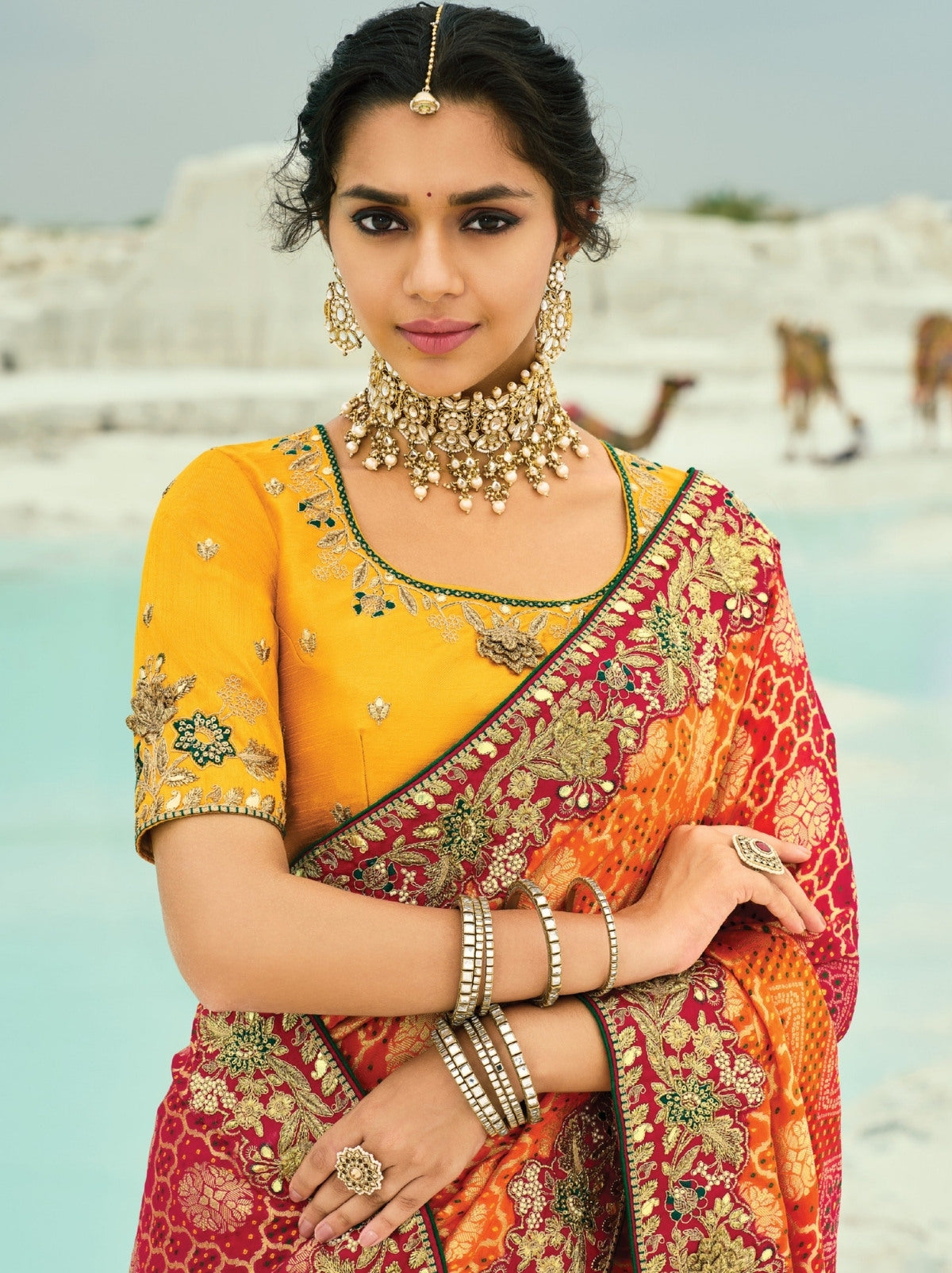 Yellow-Red Exclusive Georgette Wedding Saree With Bandhej Work