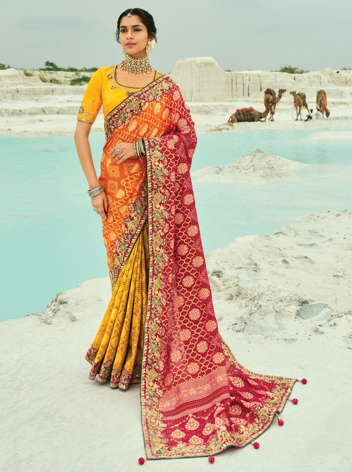 Yellow-Red Exclusive Georgette Wedding Saree With Bandhej Work