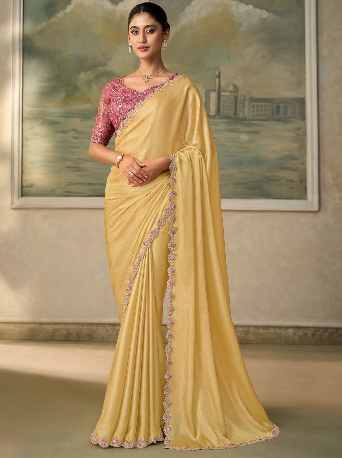 Lemon Yellow Regal Embroidered Saree with Blouse Piece